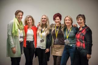 Today's female explorers (l to r) Felicity Aston, Rosie Stancer, Jacki Hill-Murphy, Lois Pryce, Ann Daniels and Arita Baaijens at the Women's Adventure Expo 2015.